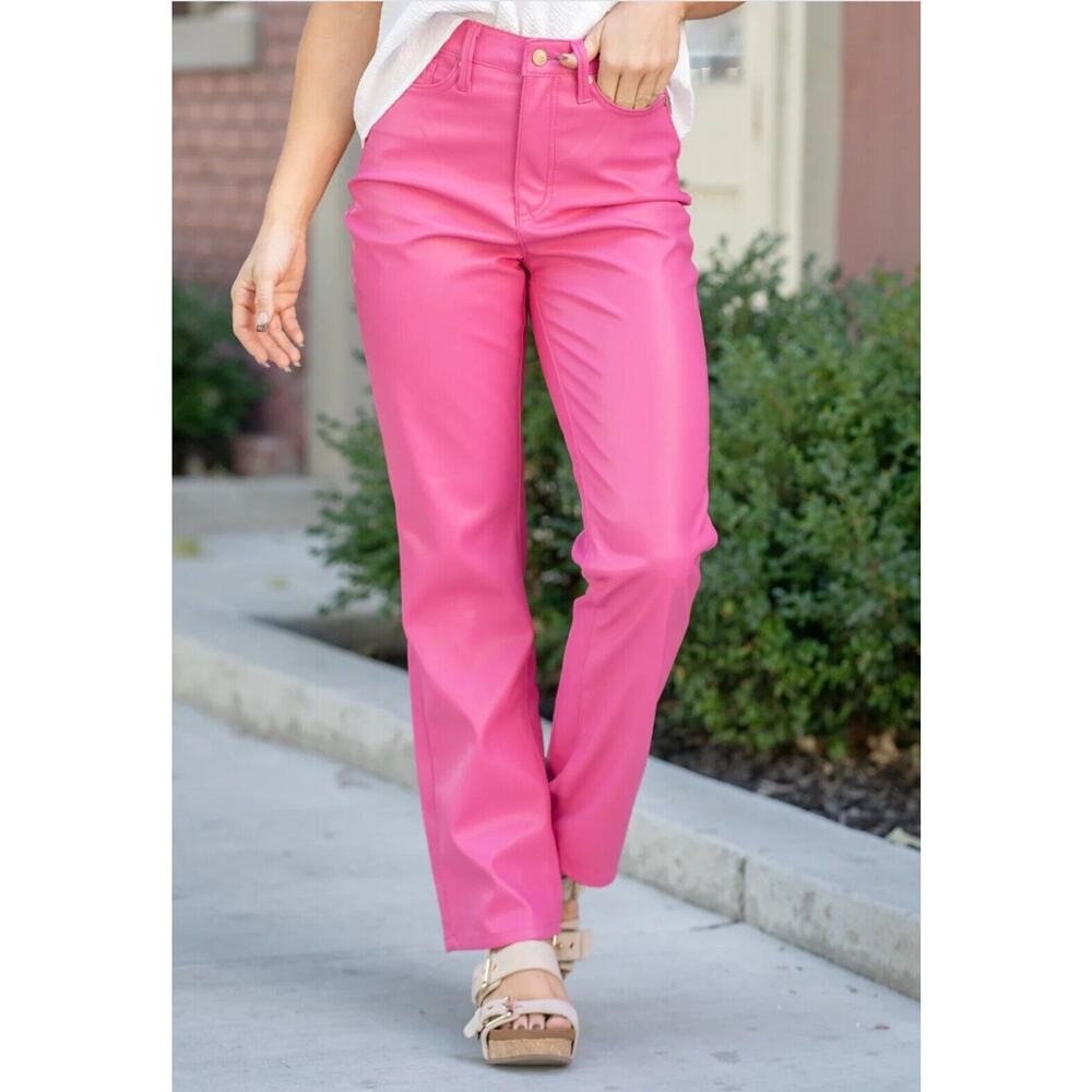 Judy Blue hot pink faux leather pants sz 7/28 NWT tummy control barbiecore haute